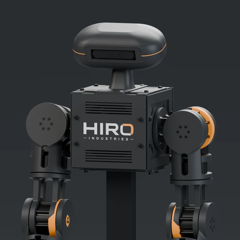 Origin’s head camera, orange HIRO chest logo and shoulder assemblies