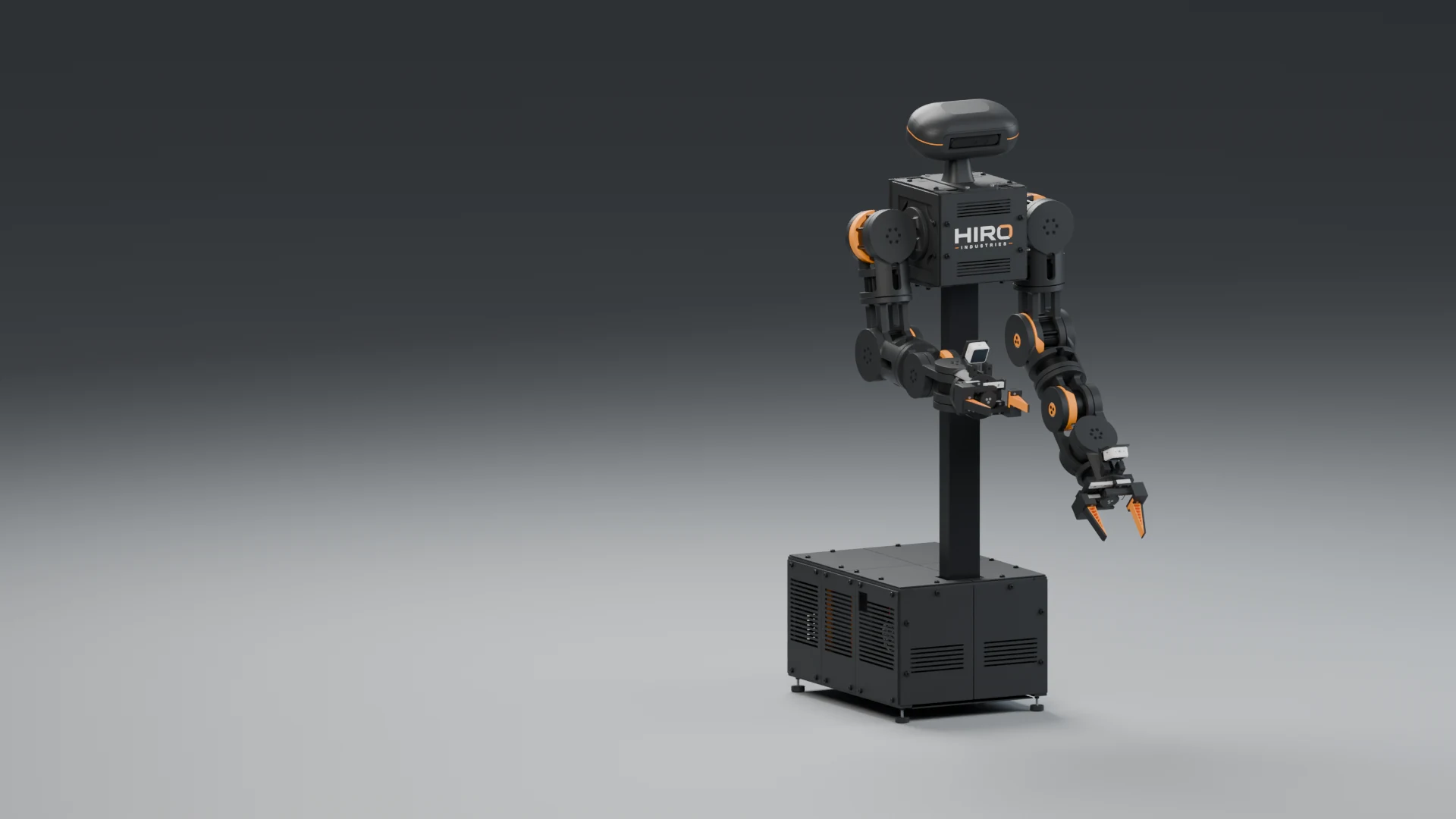 Origin, HIRO’s black and orange dual-arm robot, in an asymmetric pose